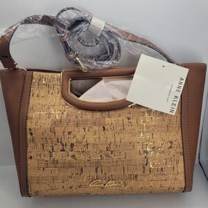 Anne Klein Cork Handle Crossbody Handbag Clutch Gold Metallic Magnet Clousure